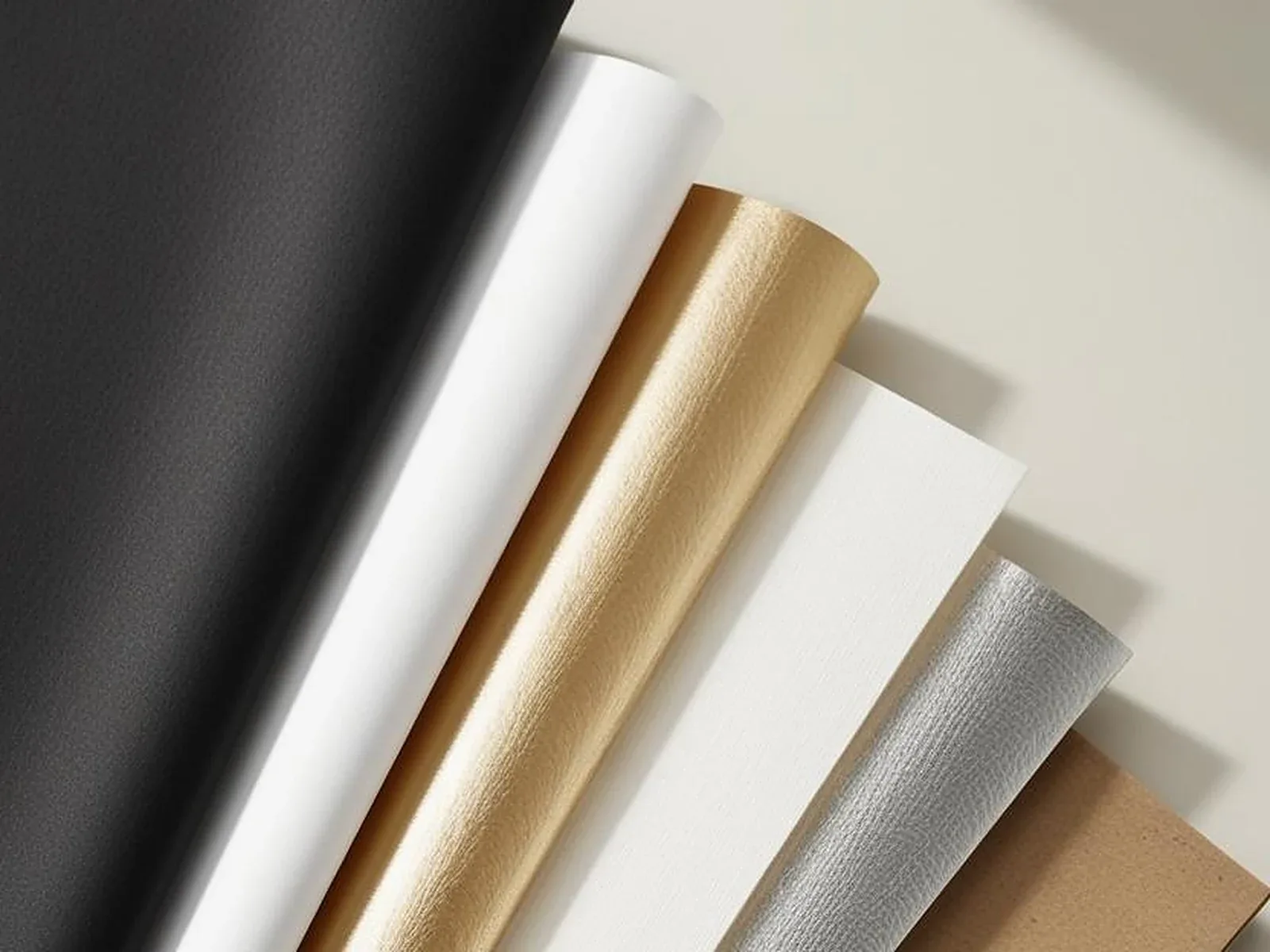 Hojas de papel laminado en negro, blanco, oro, plata y kraft