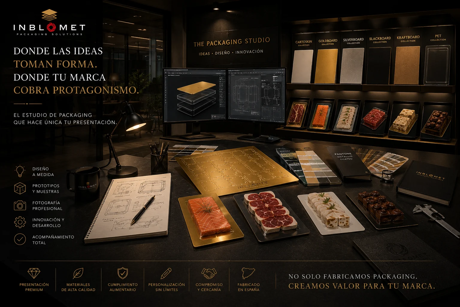 Estudio de packaging de Inblomet: muestrarios de soportes, prototipos y producto presentado